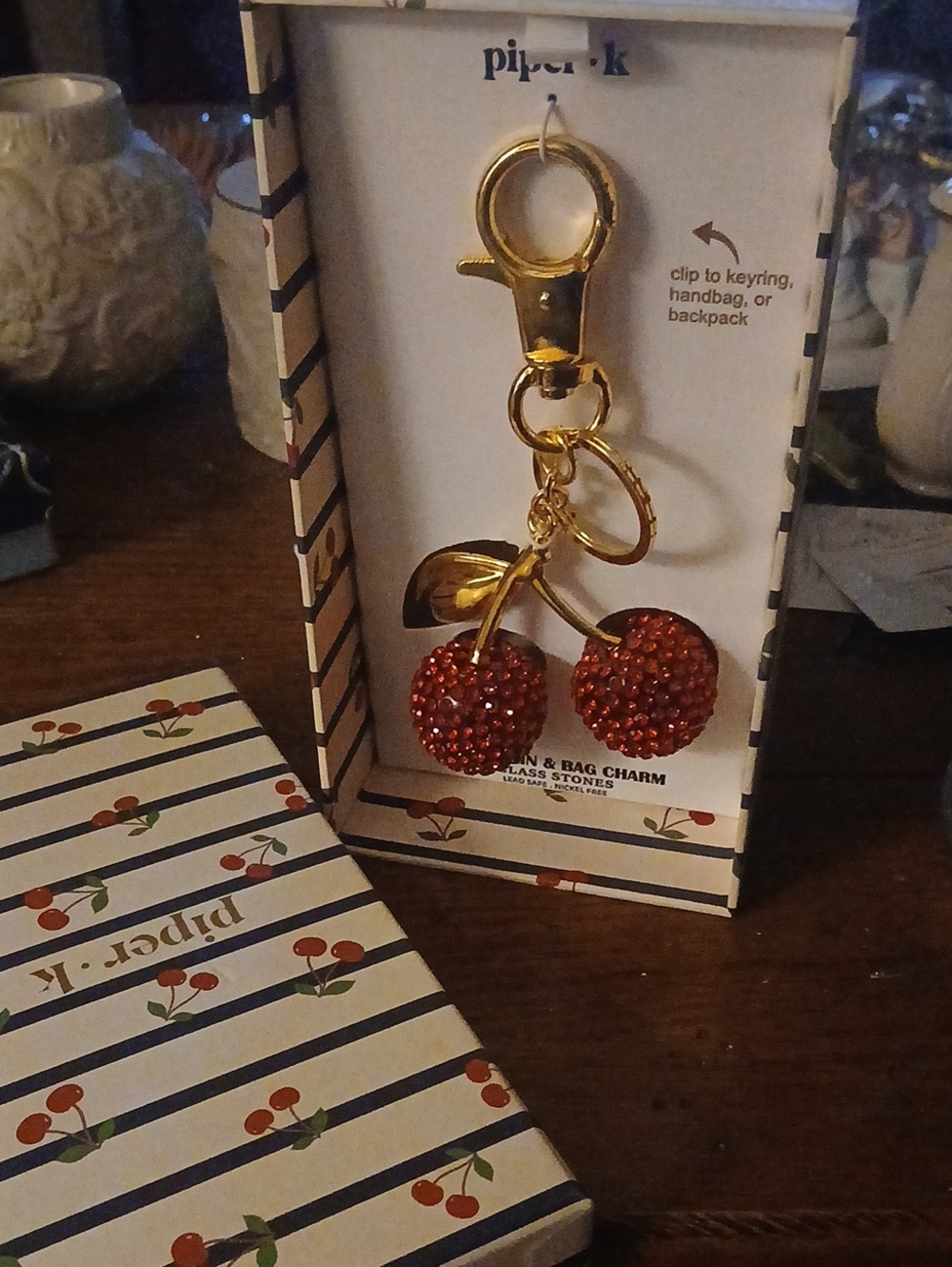Piper Gold-Tone Cherry Keychain with Red Crystal Cherries